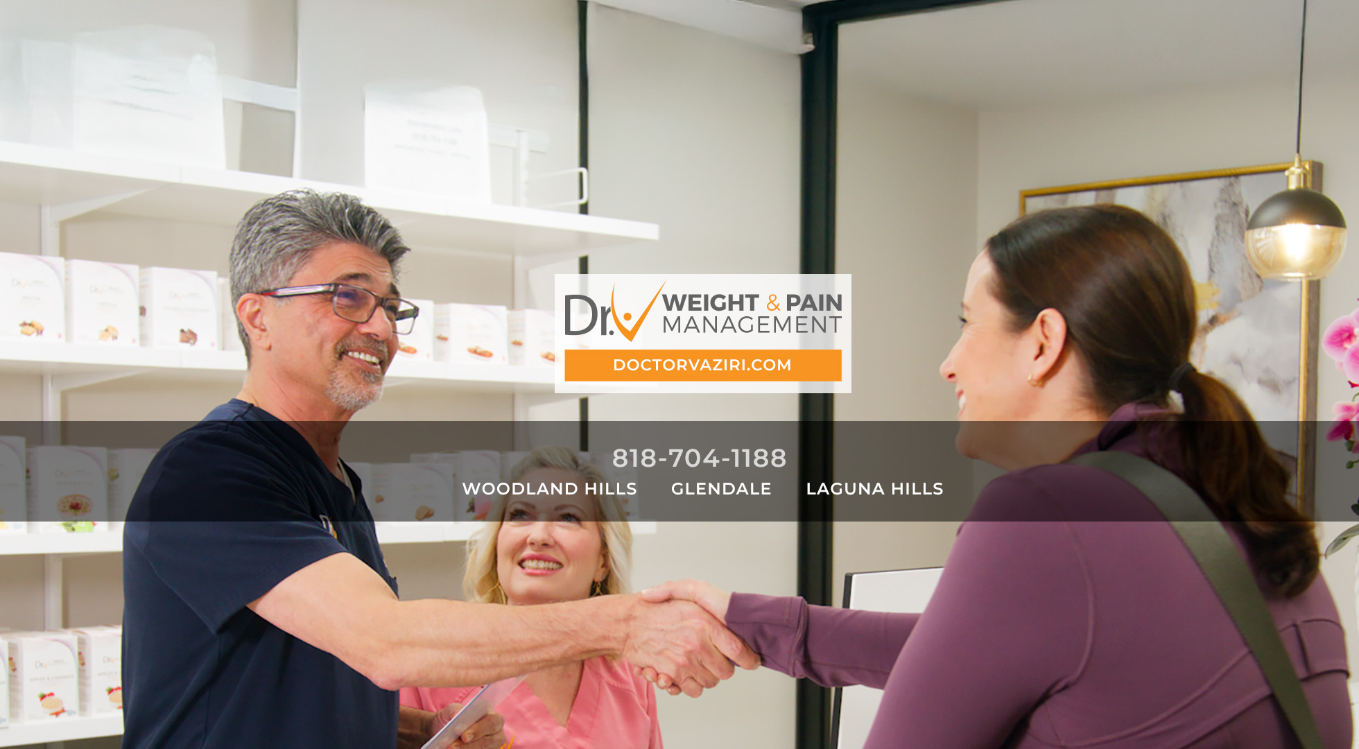 Clean, professional medical spa treatment room with neutral tones at Dr. V Weight & Pain Management in Studio City